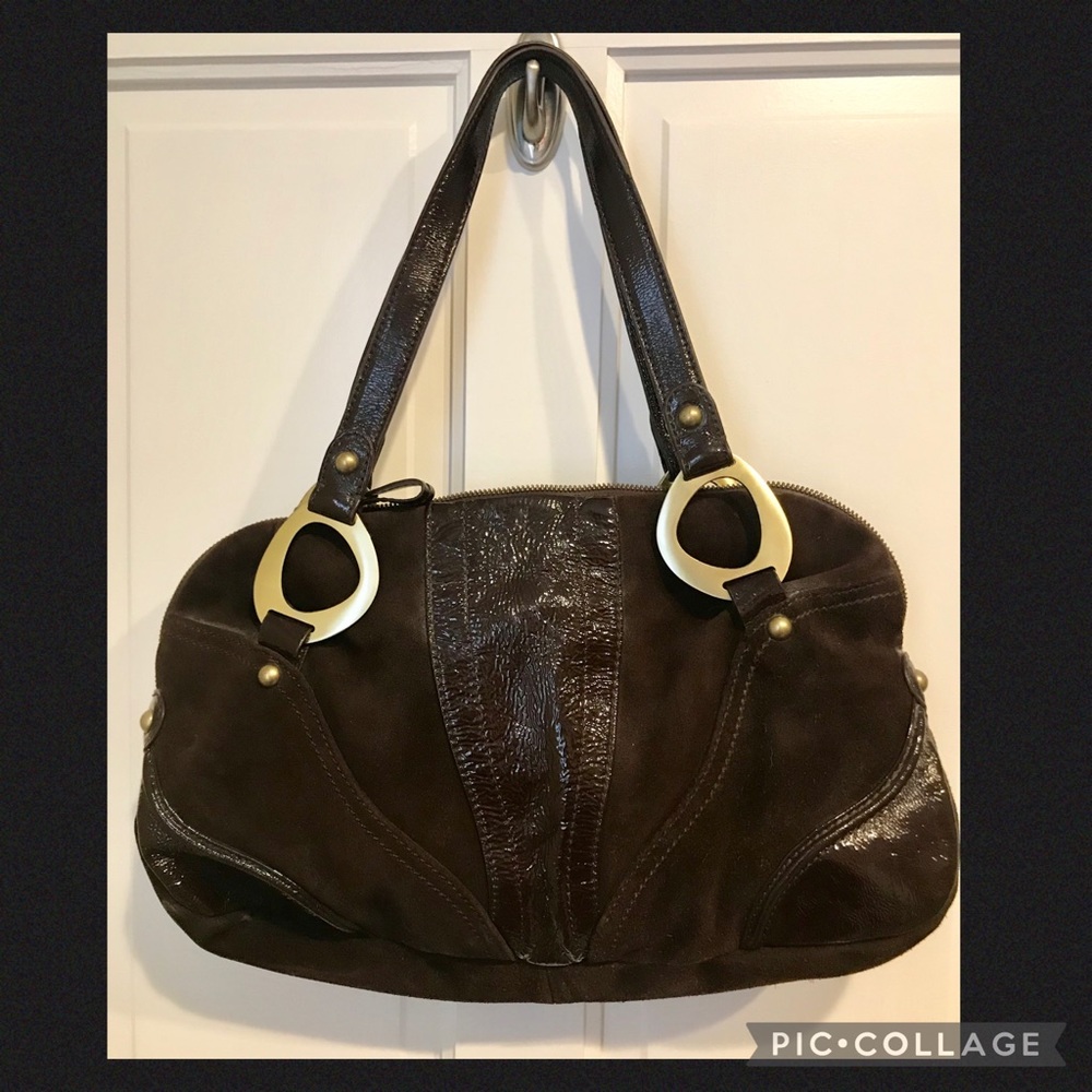 Via Spiga brown patent leather and suede bag.